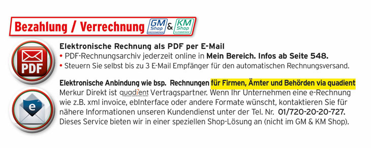 Bezahlung / Verrechnung über Elektronische Rechnung als PDF per Mail/ Für Firmen, Ämter udn behörden E-Rechnung über Neopost